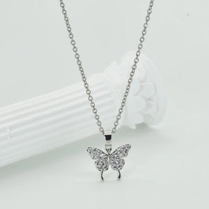 Luxurious Titanium Silver Butterfly Zircon Necklace