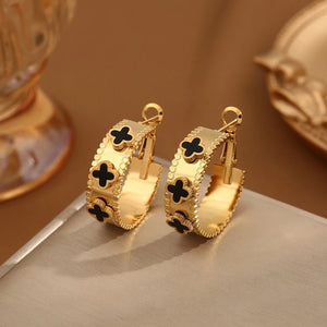 Four Leaf Clover Designer Luxury 18K Gold Plated Stainless Steel Hoop Women Fashion Jewelry Earrings
