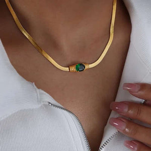 18k Gold Plated Emerald Stone Snake Chain Necklace