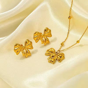 Gold Big Bow Earrings and Necklace Set – Statement Jewelry for Parties and Weddings