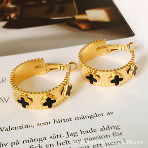Four Leaf Clover Designer Luxury 18K Gold Plated Stainless Steel Hoop Women Fashion Jewelry Earrings