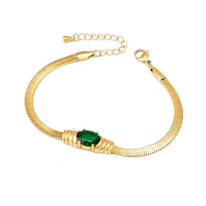 18k Gold Plated Emerald Stone Snake Chain Bracelet