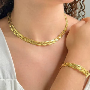 Triple Chain Golden Necklace And Bracelet Stainless Set
