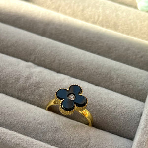 Adjustable black with gold rhinestone flower ring