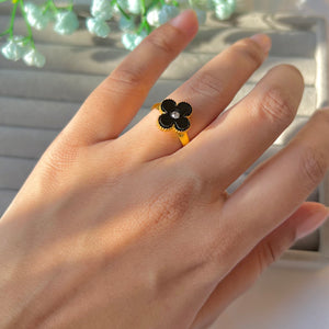 Adjustable black with gold rhinestone flower ring